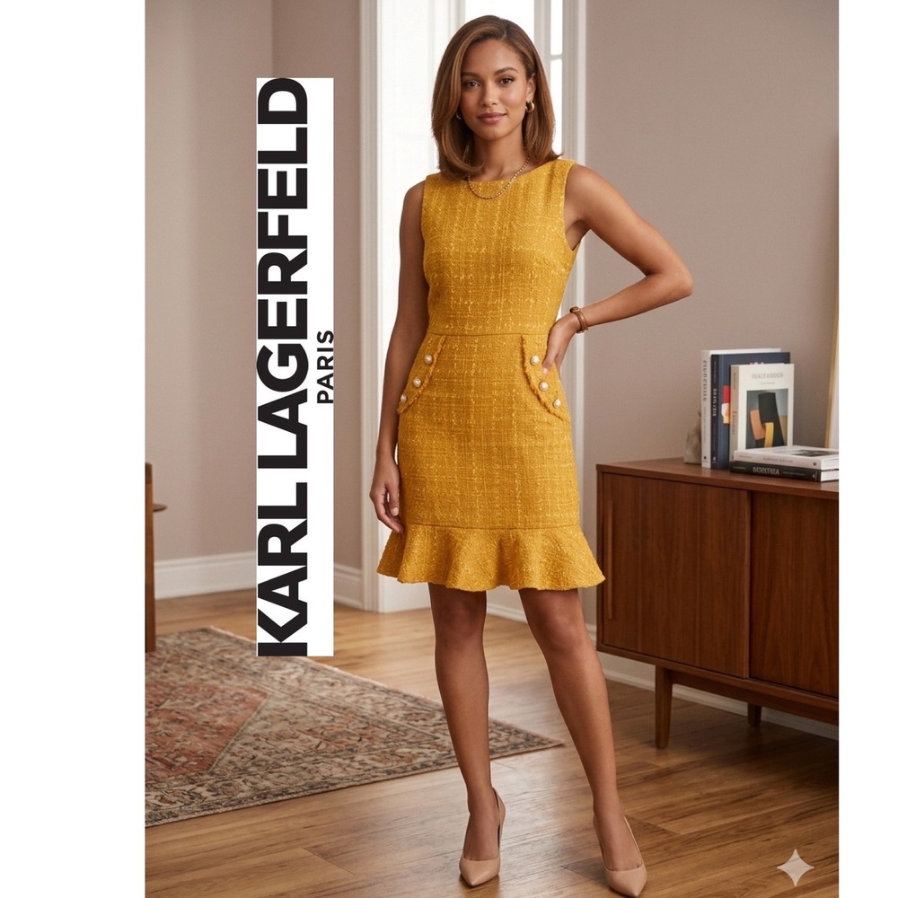 Karl Lagerfeld Paris Mustard Yellow Tweed Ruffle Hem Dress Pearl Buttons Size 6